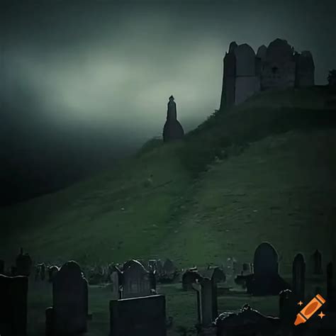 Haunting Graveyard Next To A Castle On A Hill On Craiyon