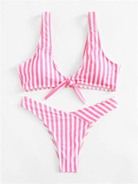 Shop Knot Front Striped Bikini Set Online SheIn Offers Knot Front