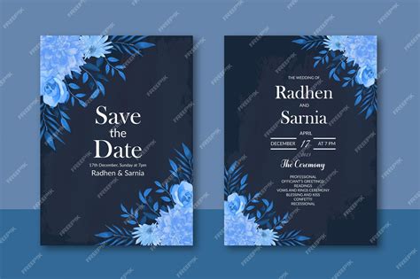 Hermosa Plantilla De Invitación De Boda Con Flores Azules Y Fondo Con Vector Gratis De Acuarela