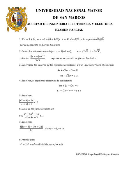 Examen Parcial De Algebra Y Geometria Analitica UNIVERSIDAD NACIONAL