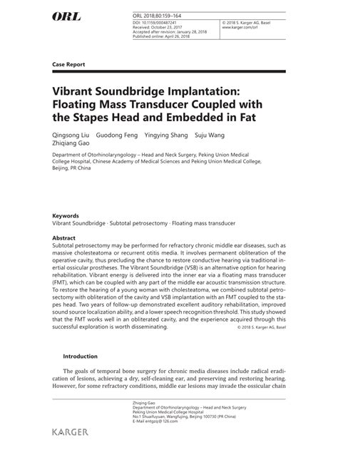 Pdf Vibrant Soundbridge Implantation Floating Mass Transducer Coupled With The Stapes Head