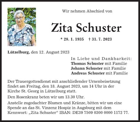 Traueranzeigen Von Zita Schuster Allg Uer Zeitung