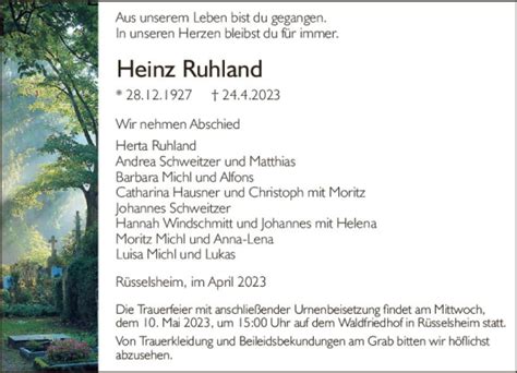 Traueranzeigen Von Heinz Ruhland Vrm Trauer De