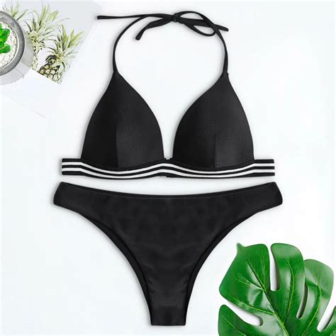 Halter Neck Bikinis Set Backless Padded Stripe Low Waist Women Sexy