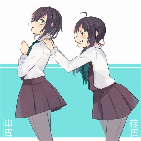 Safebooru 2girls Ahoge Annin Musou Black Hair Blush Bow Bowtie Brown