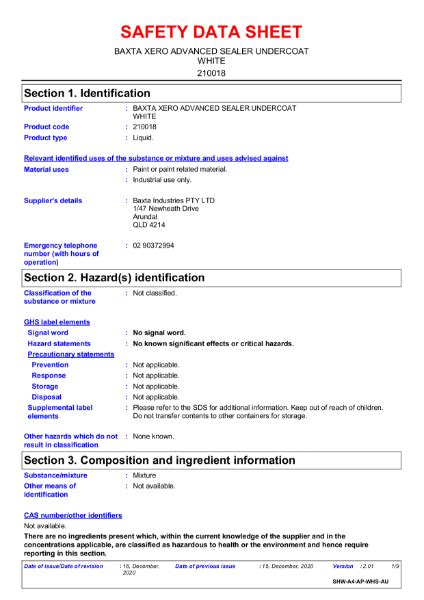 Baxta Xero Advanced Sealer Undercoat Safety Data Sheet Nbs Source