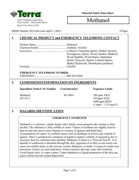 Methanol Material Safety Data Sheet