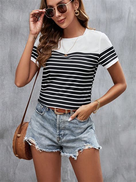 Shein Lune Striped Print Round Neck Tee Shein Uk