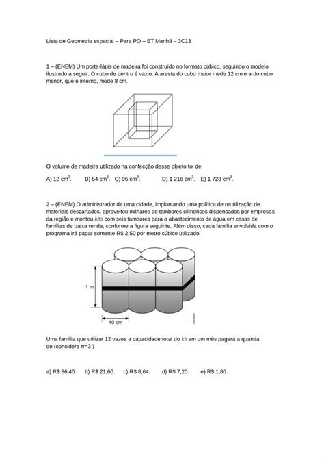 PDF Lista De Geometria Espacial Para PO D Cilindro Tronco De