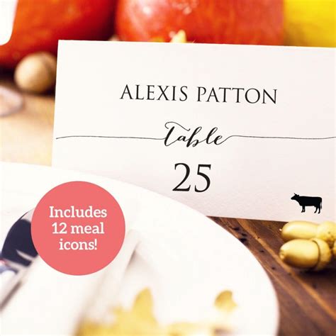 Wedding Place Card With Meal Icons Template Diy Editable Card Food