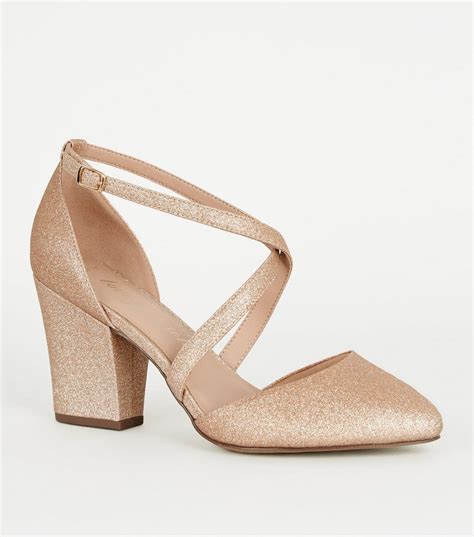 Wide Fit Rose Gold Glitter Block Heels New Look Rose Gold Shoes Gold Heels Rose Gold Glitter