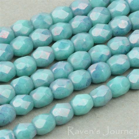 Round Faceted 3mm Turquoise Opaque With Purple Luster Raven S