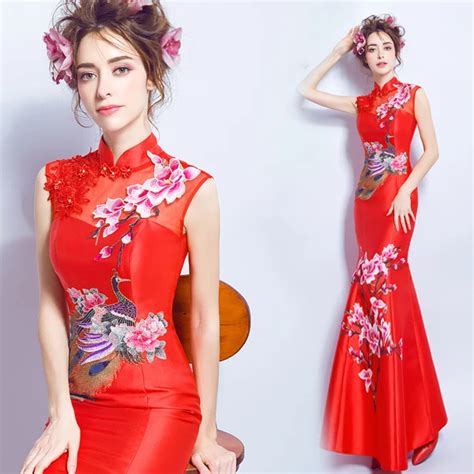 Cheongsam Vestido De Renda Vermelho Azul Branco Qipao Longo Drag O E