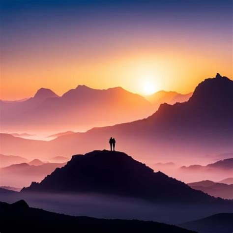 Dos personas se paran en una montaña con el sol poniéndose detrás de