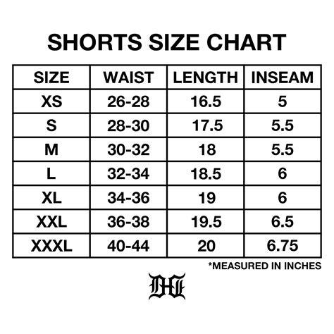 Shorts Size Chart