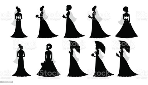 Set Of Vector Silhouettes Of A Bride With An Umbrella Stock Illustration Download Image Now