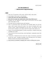 MidtermExamSolutions.pdf - July 29 2021 CS 204 Midterm - Advanced Programming Notes: There are ...