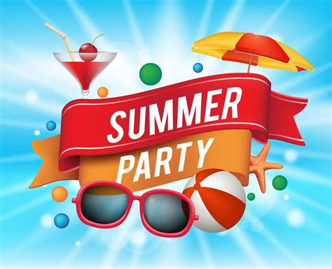 Summer Party Poster With Colorful Elements And A Text In A Ribbon With