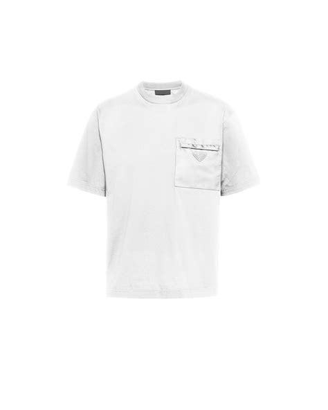White Cotton T Shirt With Nylon Pocket Prada