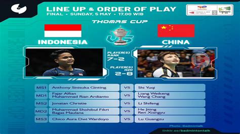 Jadwal Dan Susunan Pemain Indonesia Vs China Di Thomas Cup 2024