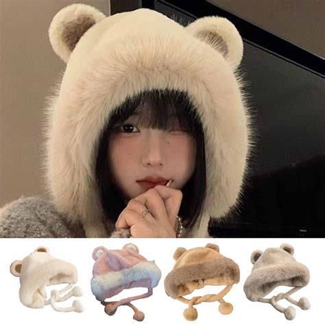 Cute Plush Faux Fur Cap With Ear Flaps Fuzzy Bear Hat Soft Warm Winter