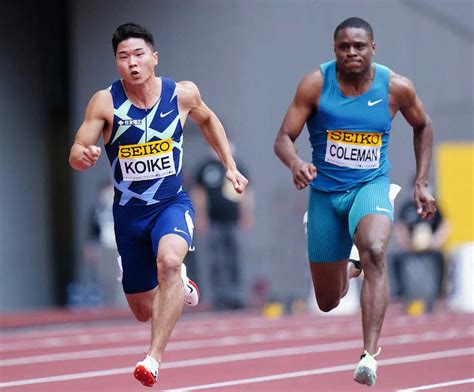 ＜セイコーゴールデングランプリ陸上2022東京＞男子100メートル予選、コールマン・クリスチャン（右）の隣で激走する小池祐貴（撮影・木村 揚輔