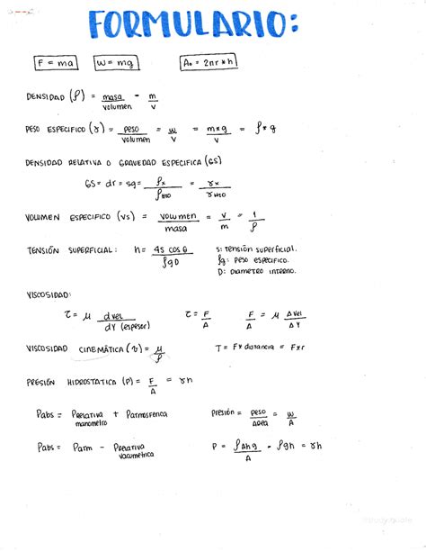 Formulario Mecánica de Fluidos Usac Apuntes de Mecánica de Fluidos