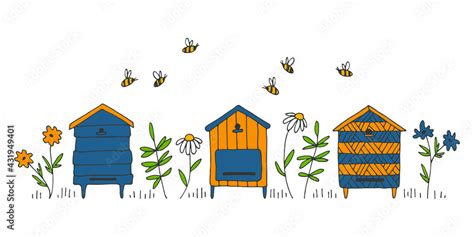 Vector Apiary Bees Flowers Colored Linear Hand Drawn Illustration Is Perfect For Honey Design