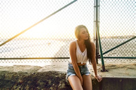 Wallpaper Women Model Blonde Sitting Tank Top Jean Shorts White Tops Long Hair Sunset