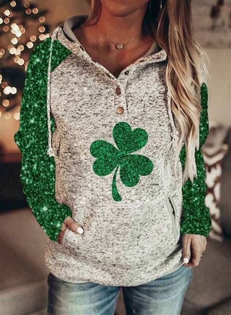 Womens Hoodies Saint Patricks Day Pocket Sequin Long Sleeve Daily