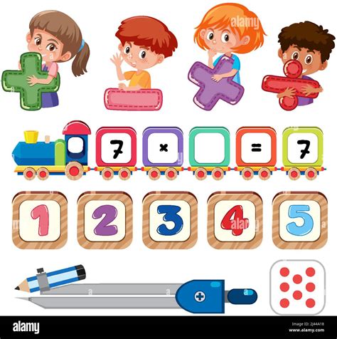 Math Classroom Objects With Supplies And Students Illustration Stock