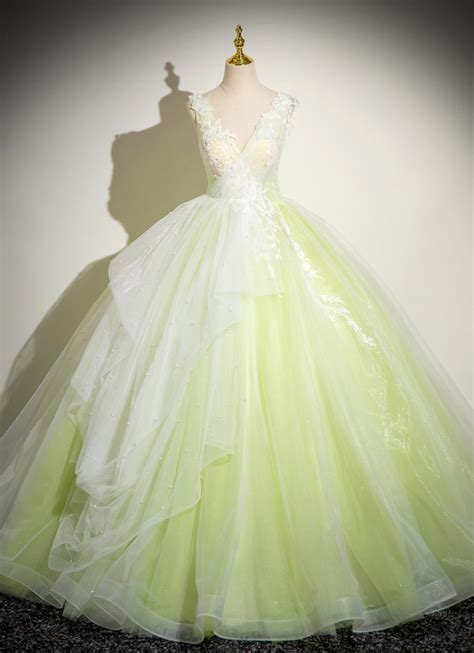 Deep V Neck Lemon Yellow Tulle Embroidery Beading Long Prom Dress