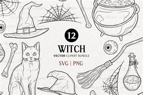 12 Witch Elements Vector Clipart Magic Witchcraft Svg