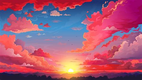 Premium Vector | Red sky sunset anime background with fluffy clouds