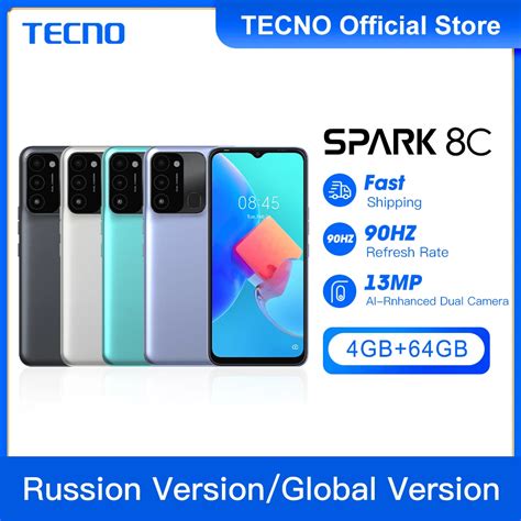 NEW Original Tecno SPARK 8C 4+ 64GB Cell Phones Unisoc T606 Mobile HD+ 6.6 Smartphone Battery ...