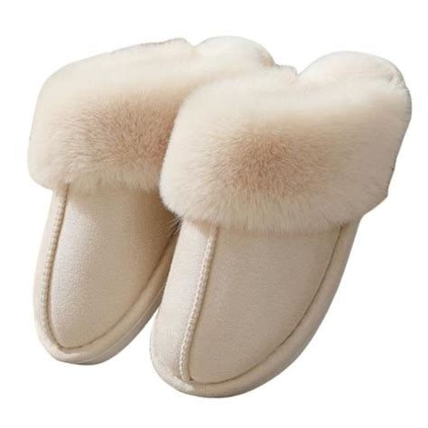 Chausson Femme Hiver Peluche Fourrure Blanc Chausson Pantoufle