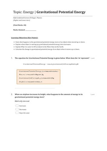 Aqa Gcse Physics Gravitational Potential Energy Revision Questions And Answers 2023