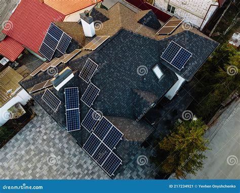 Aerial View Of Solar Photovoltaic Panels On A House Roof Stock Image