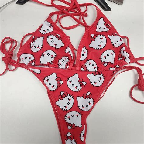 2pcs Hello Kitty Bikini Set Cute Cartoon Y2k Summer Beach Soft Side Strappy Panties Sexy Bikini