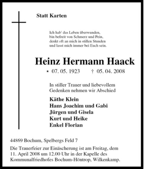 Traueranzeigen Von Heinz Hermann Haack Trauer In NRW De