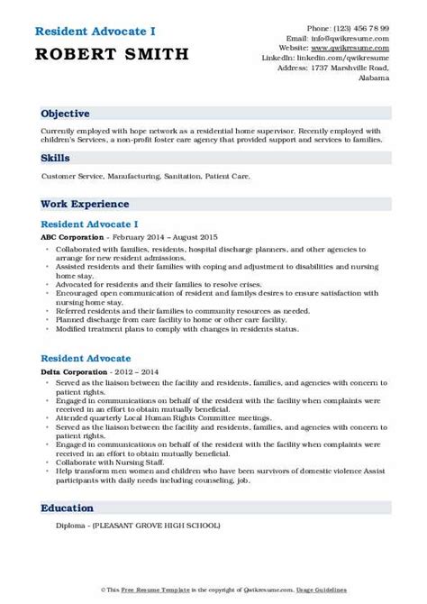 Resident Advocate Resume Samples Qwikresume