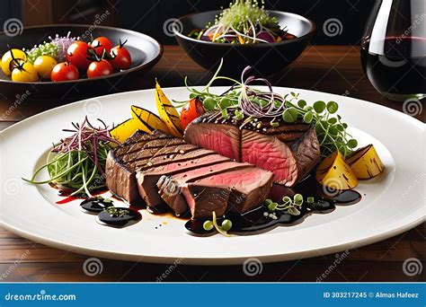 Gourmet Dish Exquisitely Plated At A Fine Dining Restaurant Center Stage On An Elegant White