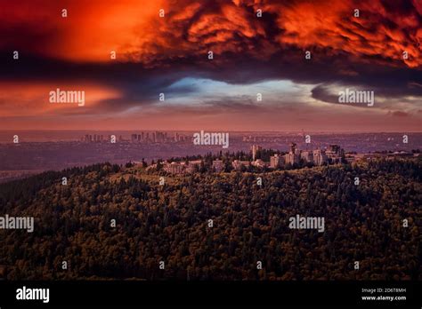 Aerial View Of Burnaby Mountain During A Vibrant Morning Stock Photo