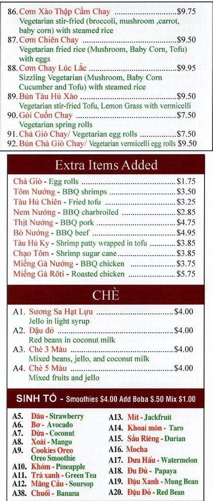 Menu at Pho Long restaurant, Colton