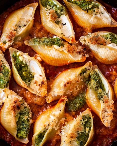 Vegan Ricotta Stuffed Pasta Shells With Chive Pesto Recipe Vegan