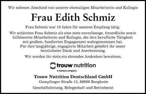 Traueranzeigen Von Edith Schmiz Augsburger Allgemeine Zeitung