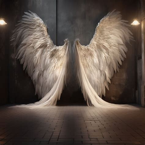 Two Large White Angel Wings Standing Next To Each Other On A Brick