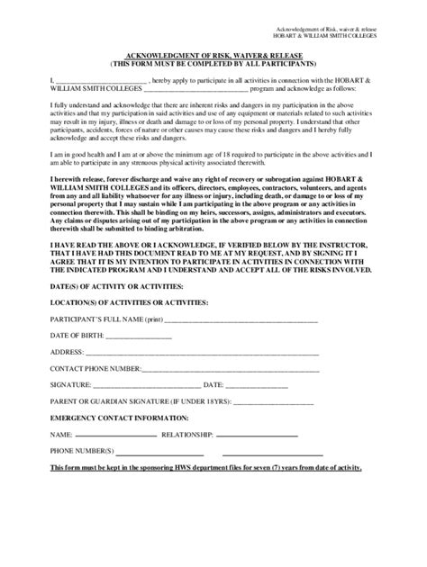 Fillable Online Acknowledgement Of Risk Waiver Release Fax Email