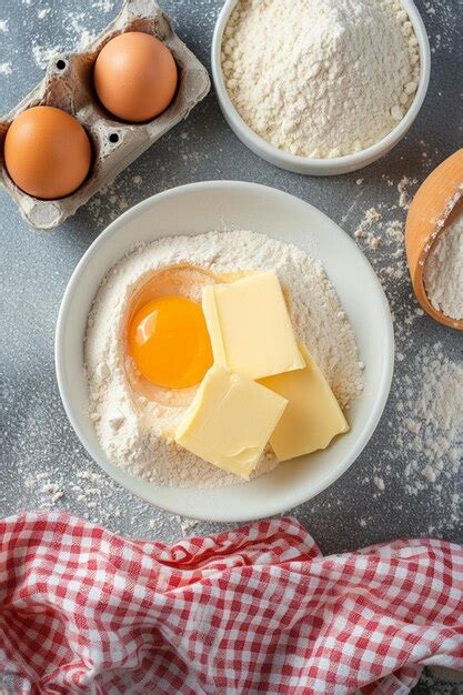 Premium Photo A Plate Of Eggs Butter And Flour On A Table