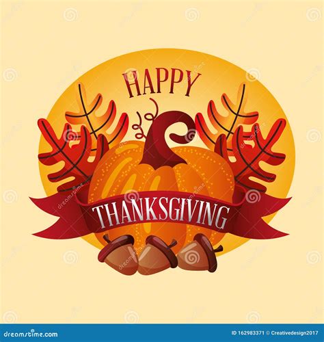 Happy Thanksgiving Card With Pumpkin And Leaves Vector Stock Vector Illustration Of Colorful